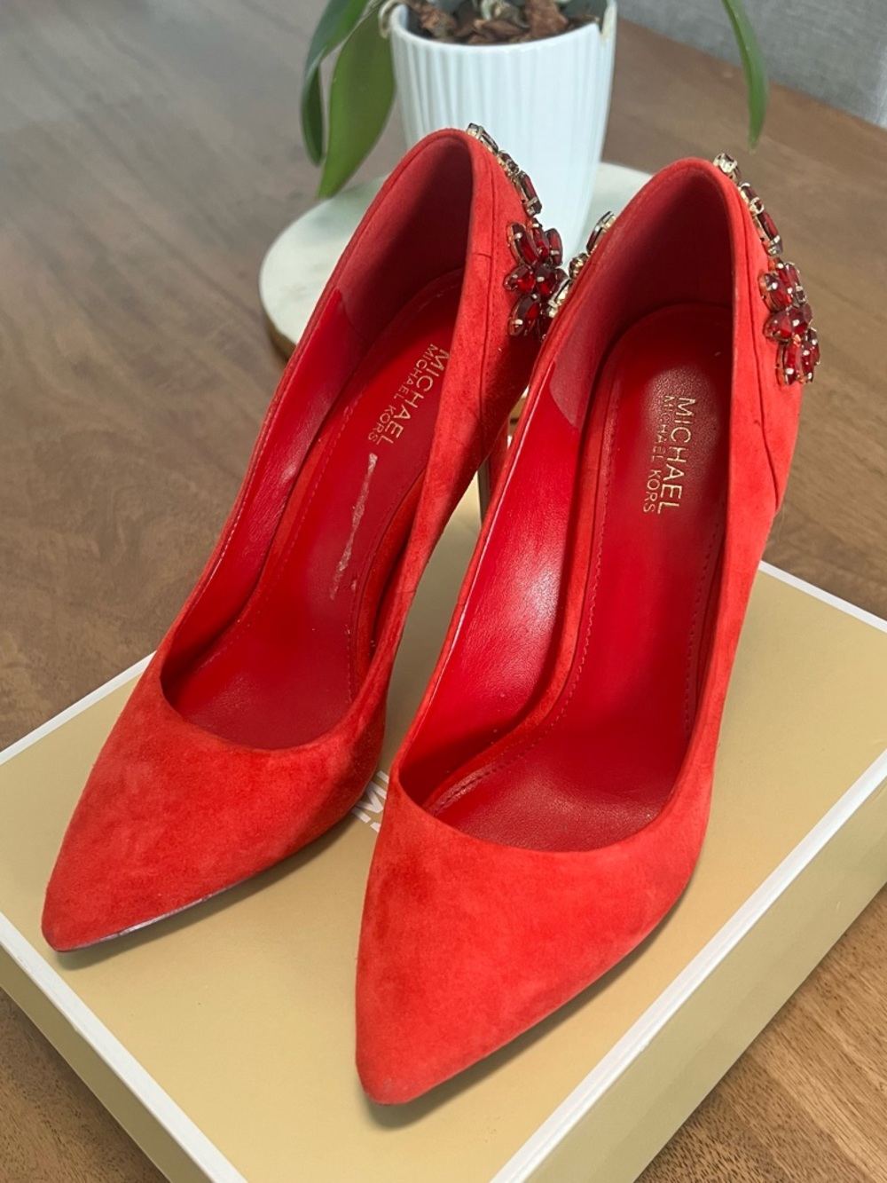 MICHAEL Michael Kors Red Suede Pointed Toe Pumps with Jeweled Back - Picture 2 of 7
